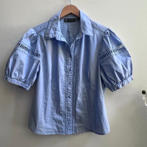 Women's Cotton Blend Lace Blue Button Up Tops Puff Sleeve NY&C Blouse Size XL - Picture 1 of 7